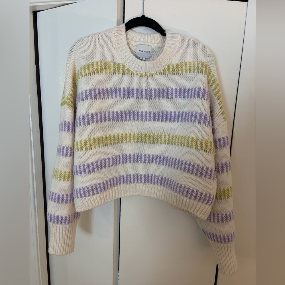 Cropped Striped Knit Sweater - Cream, Purple, Green